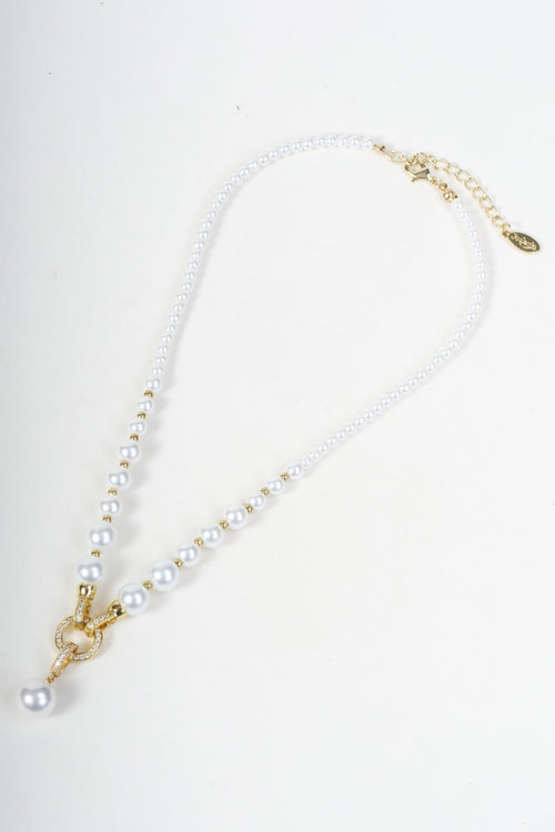 Faux Pearl Round Beaded Gold Micro Pave Circle Pendant Necklace