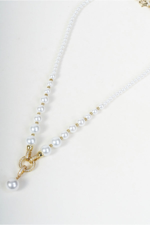 Carraig Donn Faux Pearl Round Beaded Gold Micro Pave Circle Pendant Necklace