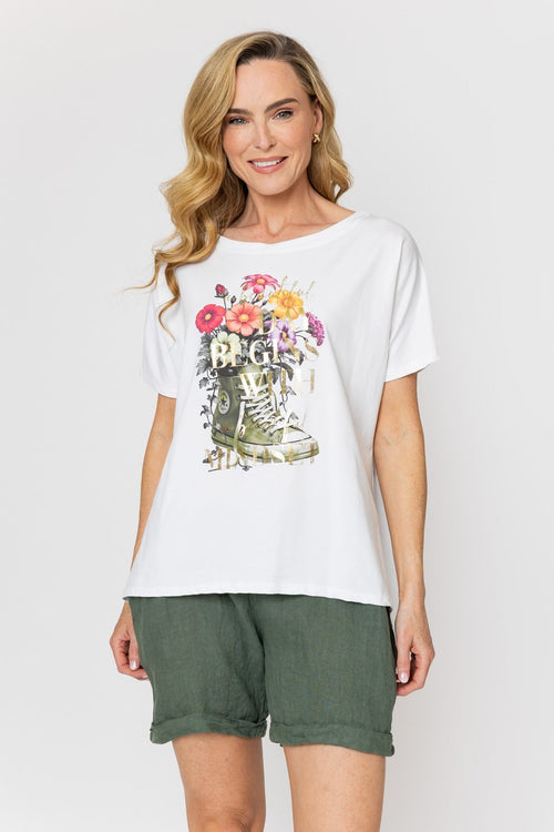 Flowers Sneaker Print Dip Hem T-Shirt