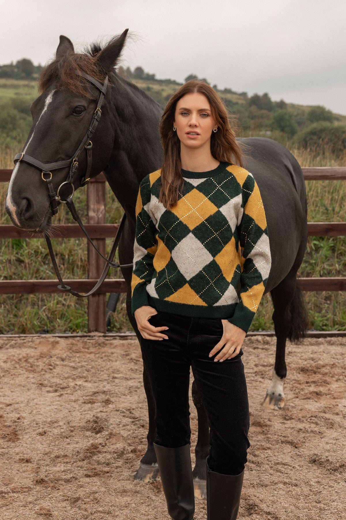 Green & Yellow Argyle Gold Foil Diamond Detail Jumper