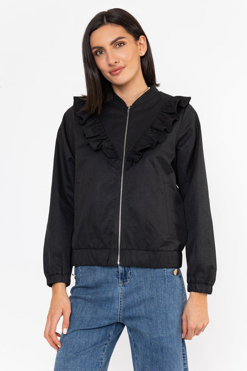 Black Frill Detail Long Sleeve Bomber Jacket