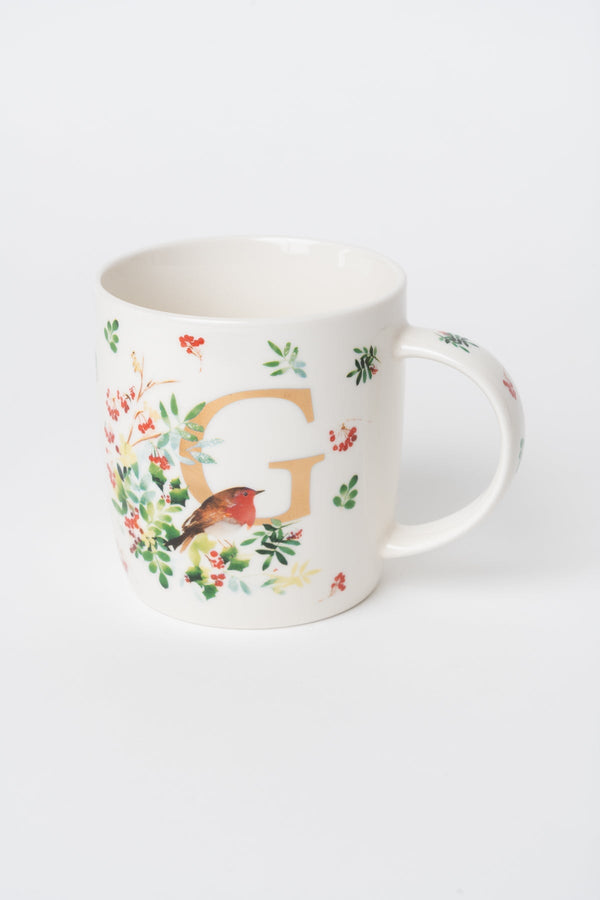 Carraig Donn G Christmas Robin Leaf New Bone China Alphabet Mug
