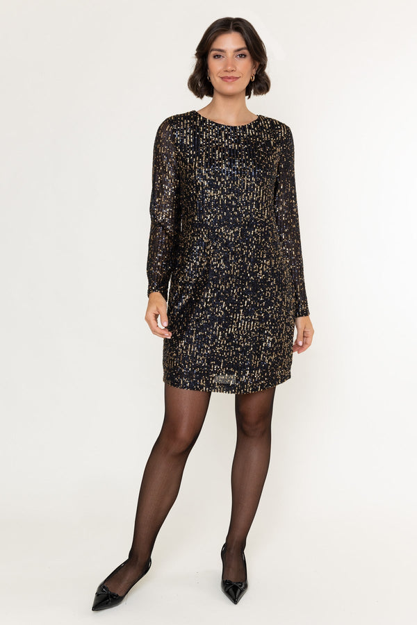 Carraig Donn Gold and Navy Sequin Shift Long Sleeve Mini Dress
