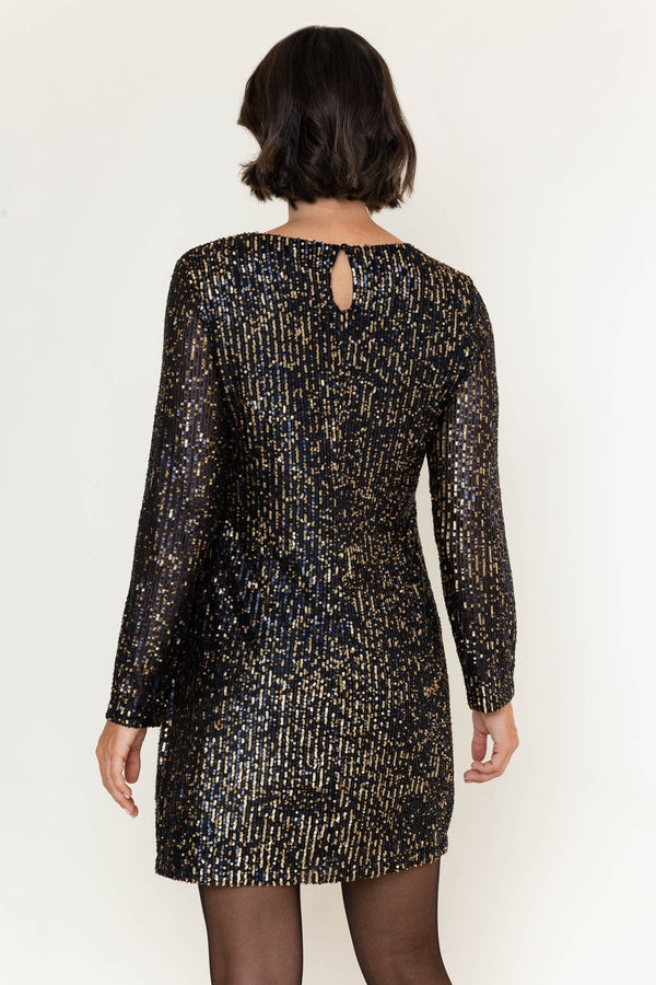 Carraig Donn Gold and Navy Sequin Shift Long Sleeve Mini Dress
