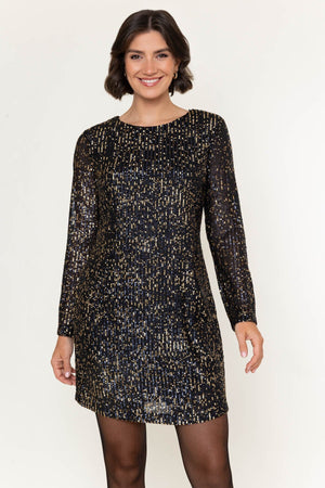 Carraig Donn Gold and Navy Sequin Shift Long Sleeve Mini Dress