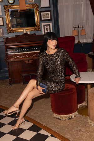 Carraig Donn Gold and Navy Sequin Shift Long Sleeve Mini Dress