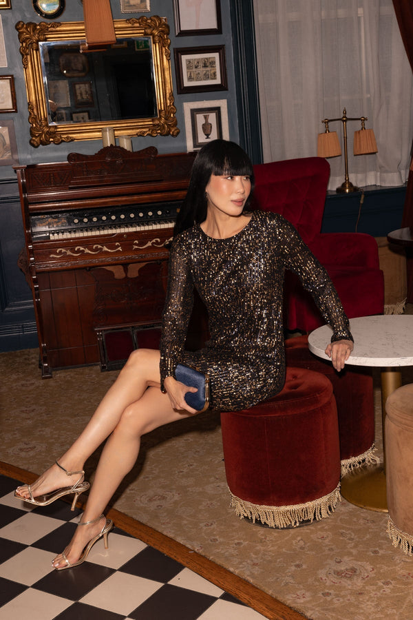 Carraig Donn Gold and Navy Sequin Shift Long Sleeve Mini Dress