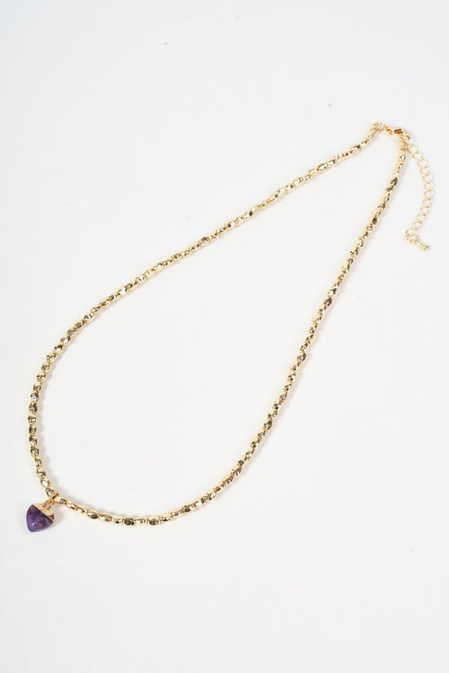 Gold Beaded Purple Stone Heart Pendant Necklace