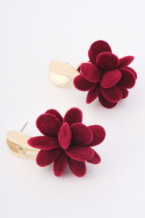 Gold & Burgundy Velvet Flower Drop Earrings
