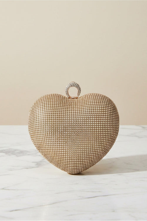 Gold Chainmail Ring Detail Heart Clutch Bag