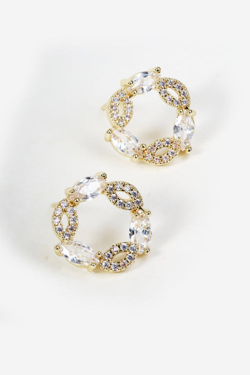 Gold Circle Clear Teardrop Stone Stud Earrings