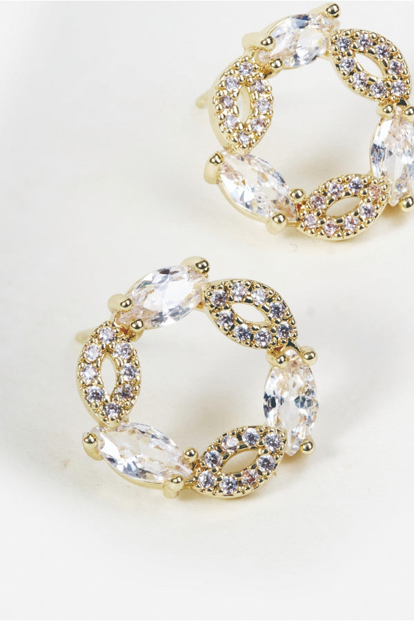 Carraig Donn Gold Circle Clear Teardrop Stone Stud Earrings