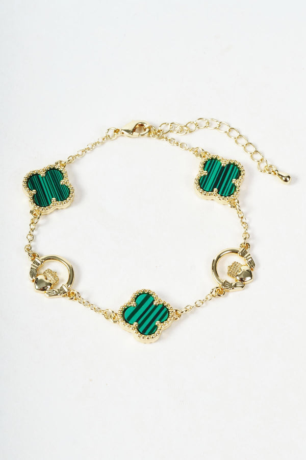 Carraig Donn Gold Claddagh & Green Clover Bracelet
