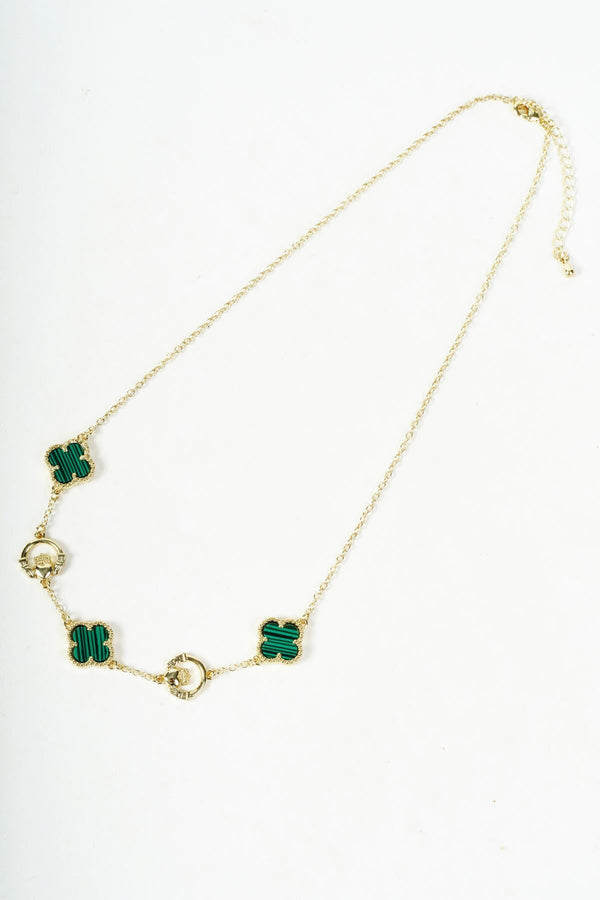 Carraig Donn Gold Claddagh & Green Clover Necklace