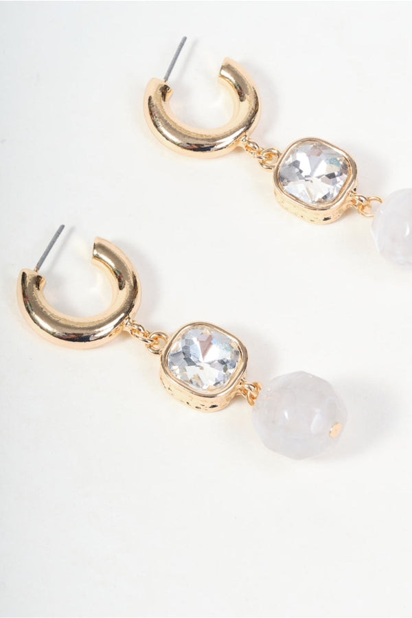 Carraig Donn Gold Clear Diamante & White Stone Drop Hoop Earrings