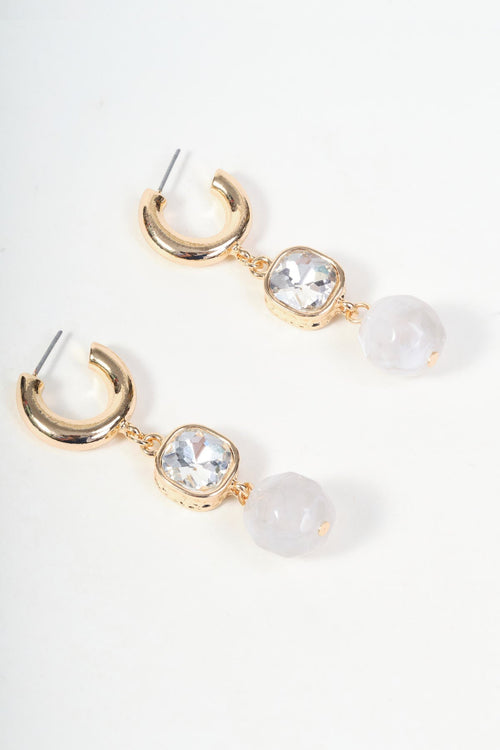 Gold Clear Diamante & White Stone Drop Hoop Earrings