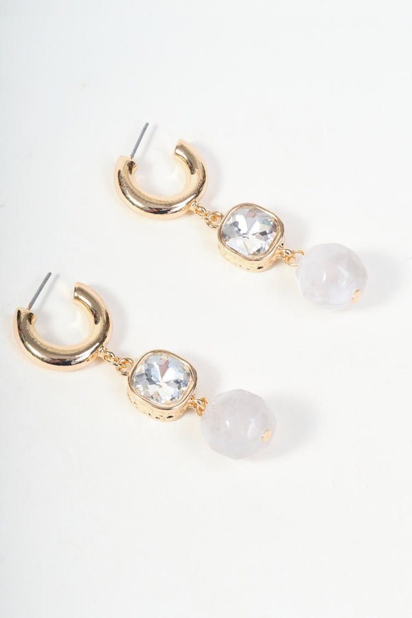 Carraig Donn Gold Clear Diamante & White Stone Drop Hoop Earrings