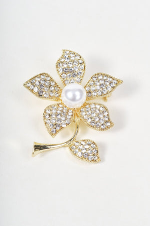 Carraig Donn Gold Clear Gemstone Micro Pave Faux Pearl Flower Brooch