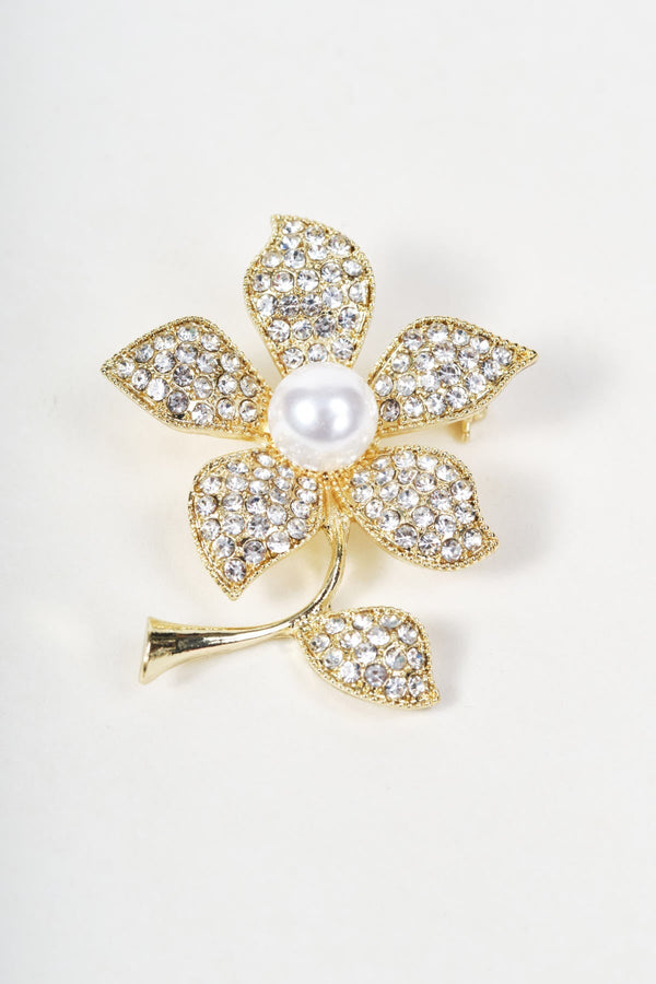 Carraig Donn Gold Clear Gemstone Micro Pave Faux Pearl Flower Brooch