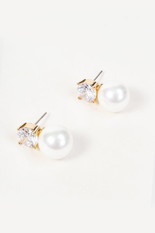 Gold Clear Stone & Faux Pearl Stud Earrings