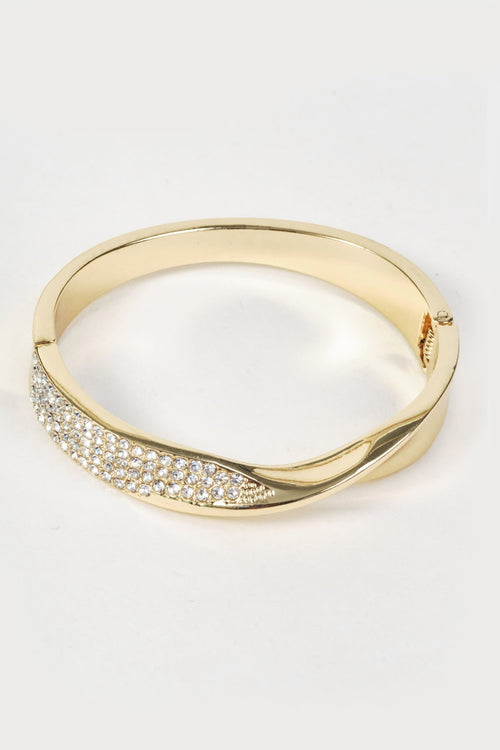Gold & Clear Stone Micro Pave Twist Bangle Bracelet