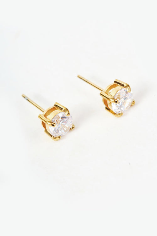 Gold Clear Stone Round Brilliant Cut Stud Earrings