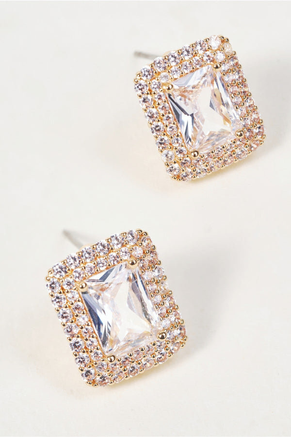 Carraig Donn Gold Clear Stone Square Cut Stud Earrings