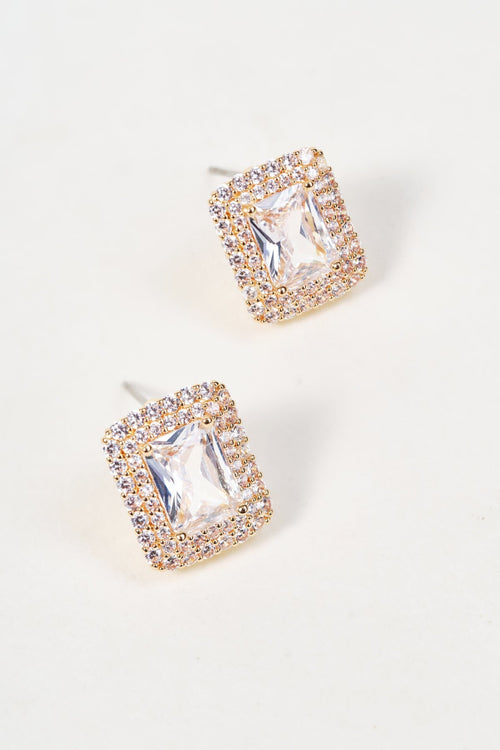 Gold Clear Stone Square Cut Stud Earrings