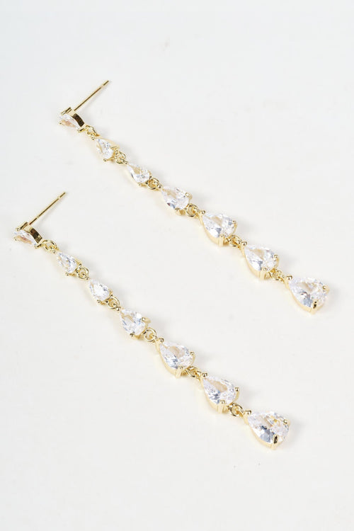 Gold & Clear Stone Teardrop Long Drop Earrings