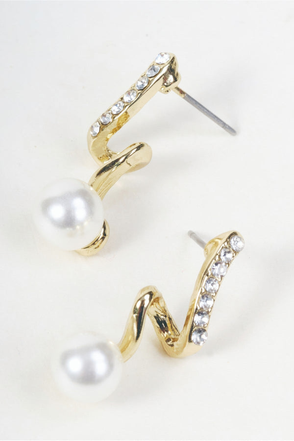 Carraig Donn Gold Clear Stone Wave Detail Faux Pearl Stud Earrings