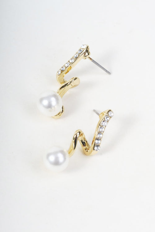 Gold Clear Stone Wave Detail Faux Pearl Stud Earrings