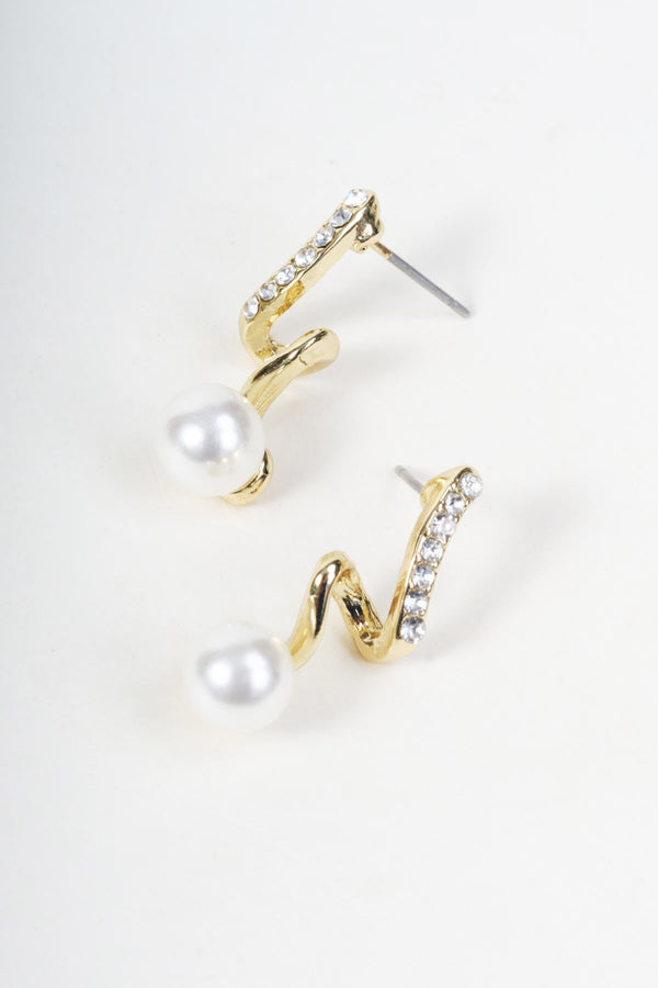 Carraig Donn Gold Clear Stone Wave Detail Faux Pearl Stud Earrings