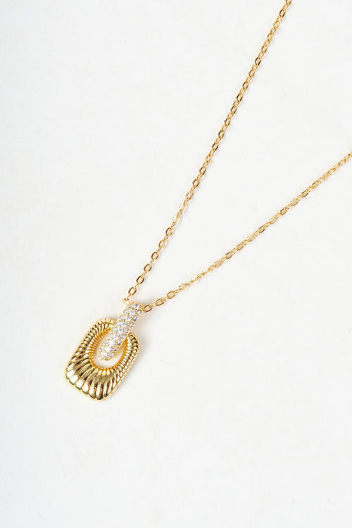 Gold & Clear Stones Ribbed Rectangle Pendant Necklace