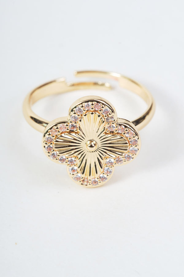 Carraig Donn Gold Clover Clear Micro Pave Open Ring