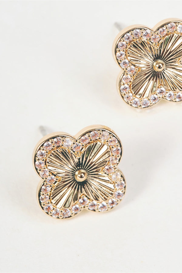 Carraig Donn Gold Clover Clear Micro Pave Stud Earrings
