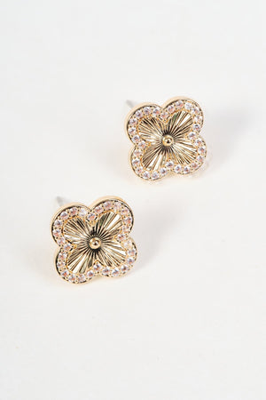 Carraig Donn Gold Clover Clear Micro Pave Stud Earrings