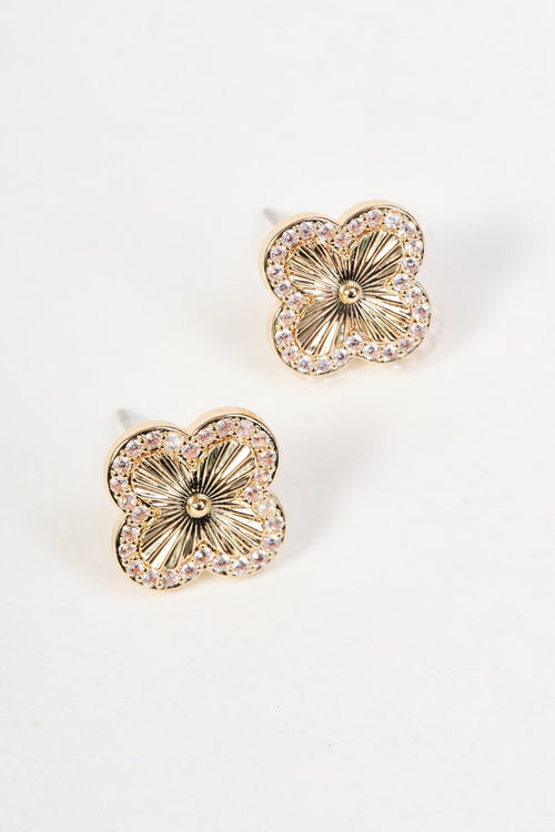 Gold Clover Clear Micro Pave Stud Earrings