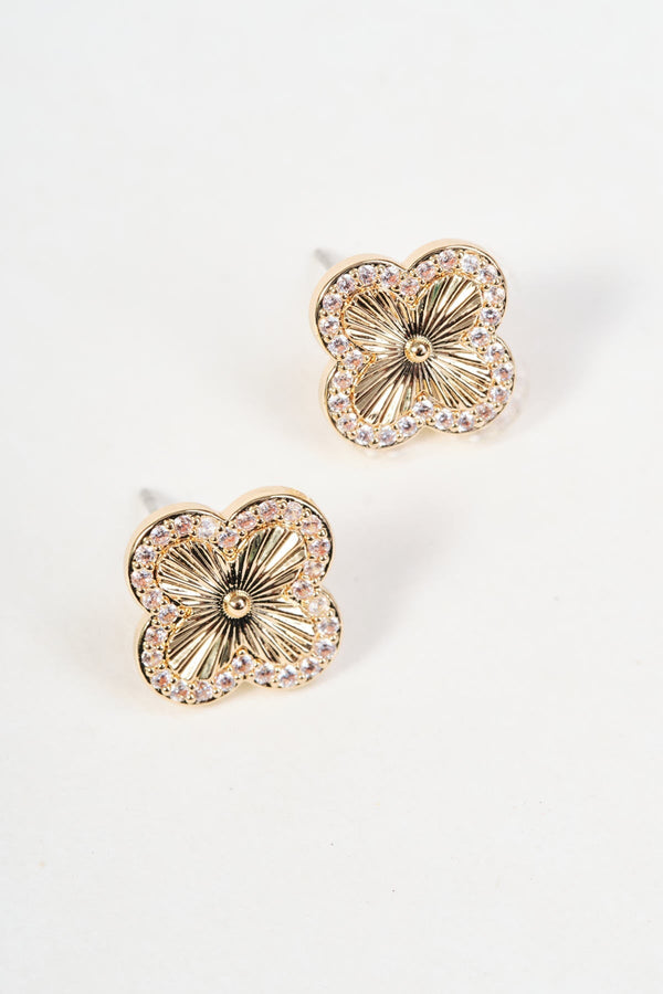 Carraig Donn Gold Clover Clear Micro Pave Stud Earrings