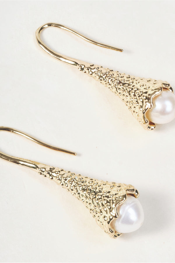 Carraig Donn Gold Cone Shaped Pearl Drop Earrings
