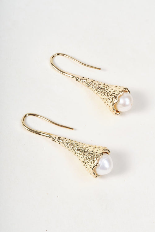 Gold Cone Shaped Pearl Drop Earrings