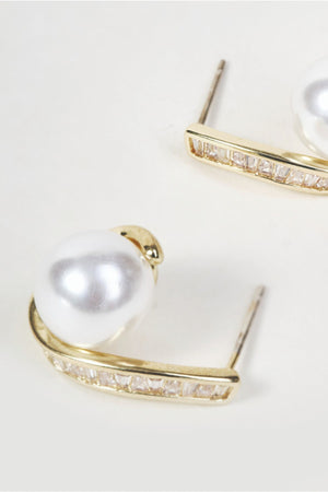 Carraig Donn Gold Curved Bar Clear Stone Faux Pearl Drop Earrings