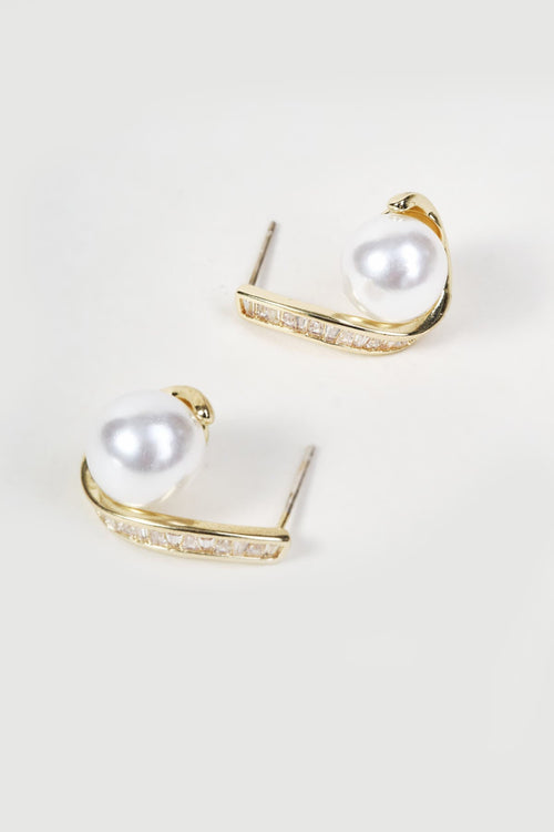 Gold Curved Bar Clear Stone Faux Pearl Drop Earrings