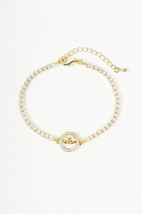 Gold Diamante Claddagh Pendant Tennis Bracelet