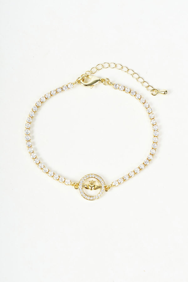 Carraig Donn Gold Diamante Claddagh Pendant Tennis Bracelet