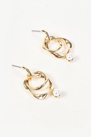 Carraig Donn Gold Double Loop Faux Pearl Drop Earrings