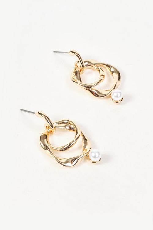 Gold Double Loop Faux Pearl Drop Earrings