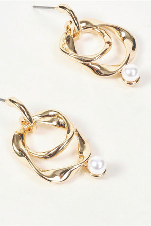 Carraig Donn Gold Double Loop Faux Pearl Drop Earrings