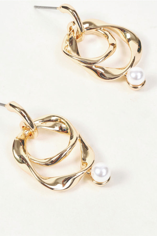Carraig Donn Gold Double Loop Faux Pearl Drop Earrings
