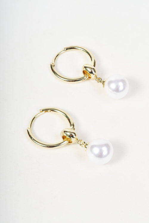 Gold Faux Pearl Drop Hoop Earrings