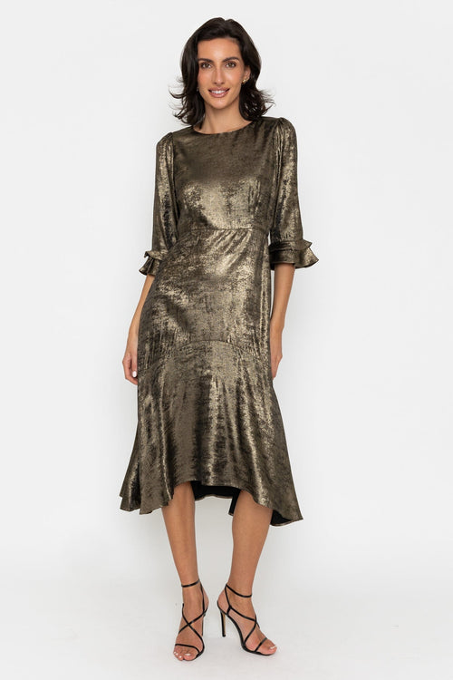 Gold Foil Ruffle 3/4 Sleeve Midi Dress